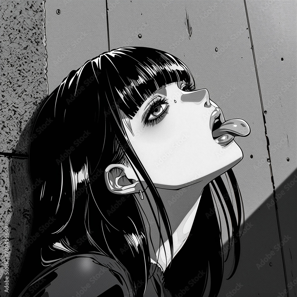 Obraz premium bored girl leaning against wall, black and white comic illustration