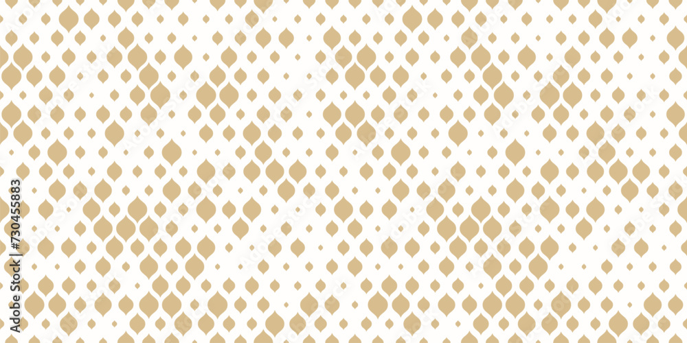 Golden vector seamless pattern with small curved shapes, drops, dots. Luxury modern white and gold background with halftone effect, randomly scattered shapes. Simple elegant texture. Trendy geo design
