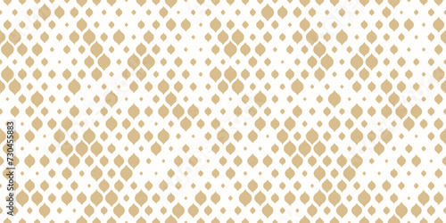 Golden vector seamless pattern with small curved shapes, drops, dots. Luxury modern white and gold background with halftone effect, randomly scattered shapes. Simple elegant texture. Trendy geo design