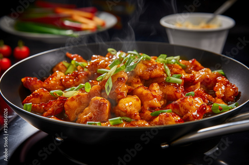 General Tso's chicken. Breaded chicken fillet dressed in a sweet and savory sauce in wok iron pan. Horizontal, close-up, side view.