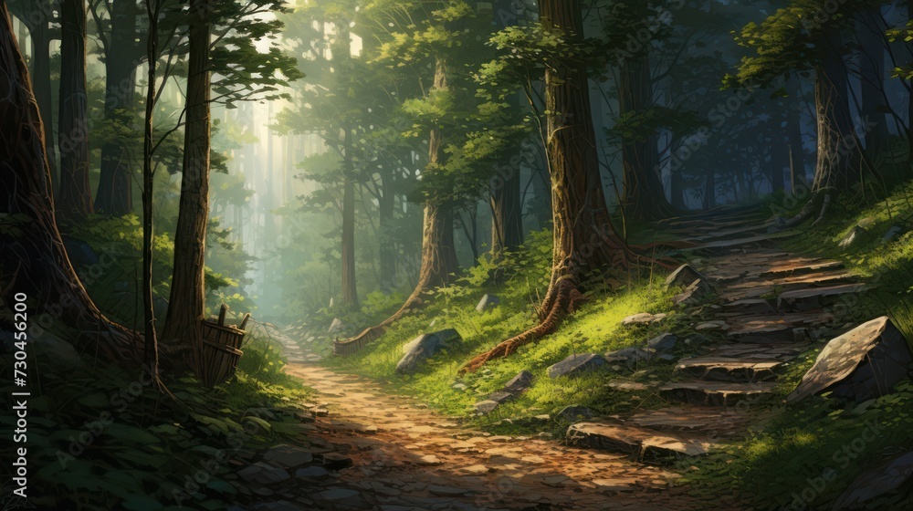 Illustration of a dirt road in the middle of a forest by shady trees.