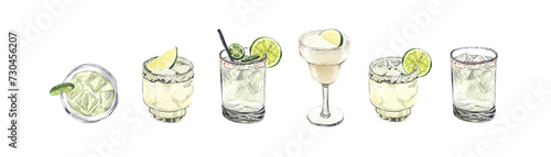 Summer cocktail set, spicy lime margarita in a short and tall glass and pepper jalapeno. Watercolor hand-drawn illustration isolated on white background. Perfect for recipe alcoholic lists with drinks