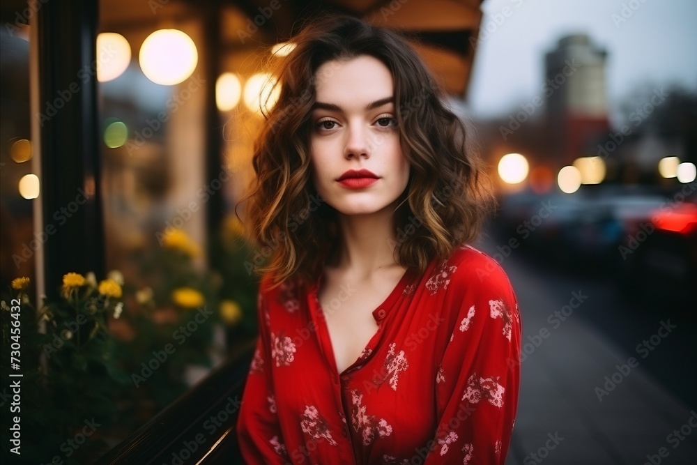 Portrait of a beautiful young woman with red lips in a red blouse Portrait of a beautiful young woman with red lips in a red blouse