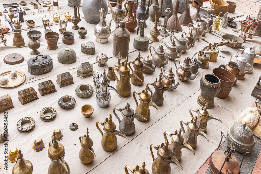 Traditional brass and brass coffee and tea pots at the Souq Al-Zal.