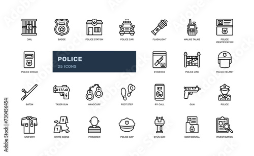 police cop justice enforcement security detailed outline line icon set