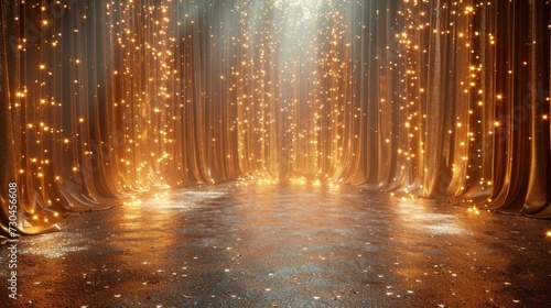 Enchanting Golden Stage Curtains with Twinkling Lights