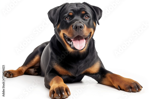 Joyful Rottweiler: Happy, Cute, and Relaxed Pet Laying on Front Legs White Background photo