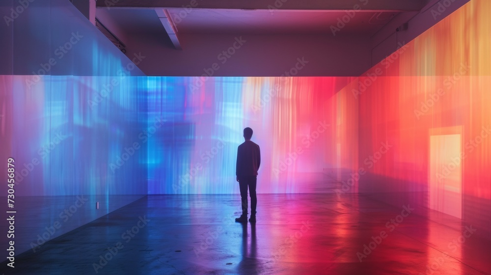 A man standing in a room with colored lights on the walls, AI