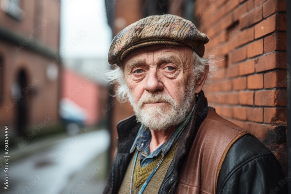 Portrait of an old man with gray beard and cap in the city Portrait of an old man with gray beard and cap in the city