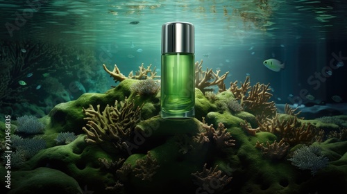 Eco-friendly skincare product displayed underwater with coral reef. Environmental awareness.