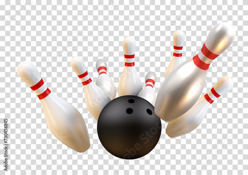 Realistic bawling ball with pins on transparent background