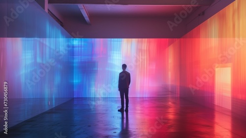 A man standing in a room with colored lights on the walls, AI