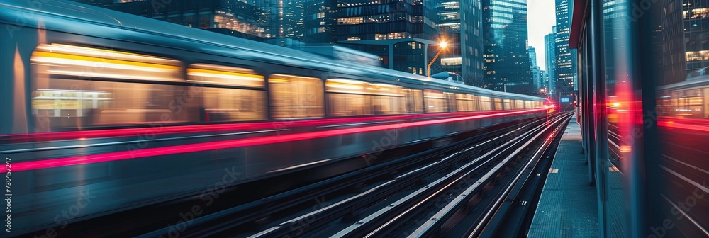 Obraz premium Train speeding through the city. Urban transport concept