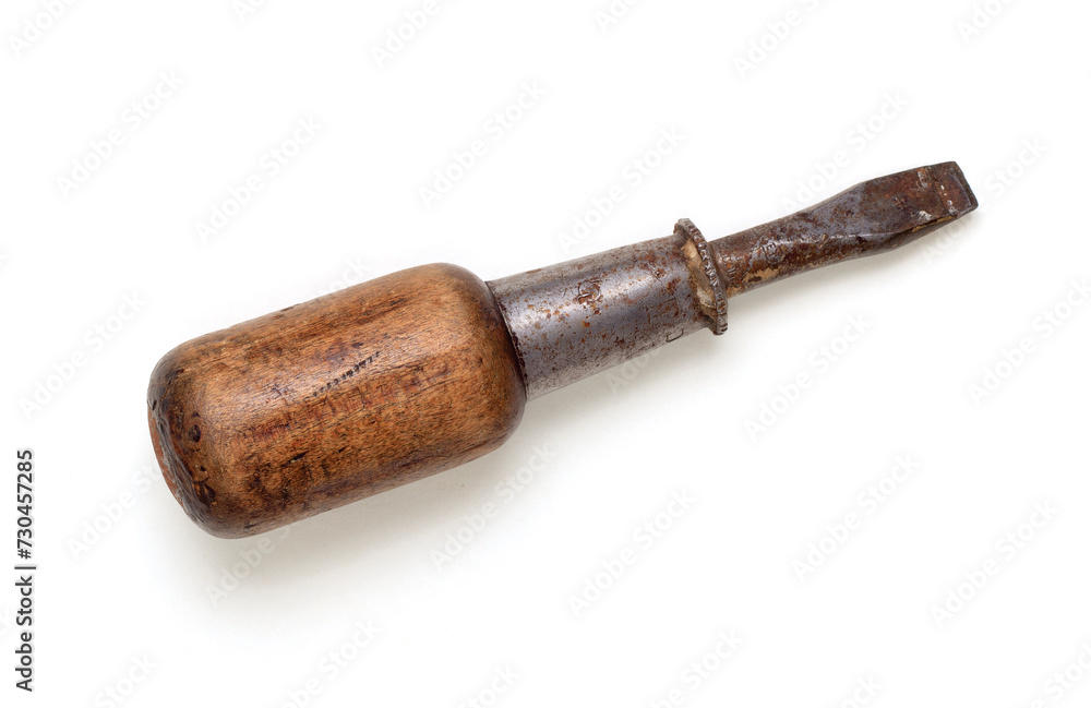 An Old, Well-Worn, Short Bladed Screwdriver with a Wooden Handle