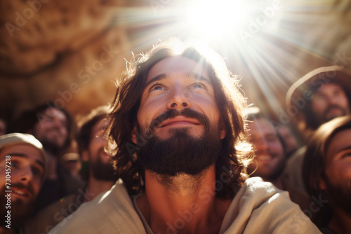 Resurrected Jesus Surrounded by His Apostles, Joyful Group under Celestial Light on Resurrection Sunday