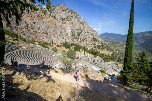 Ancient amphitheater of Delphi. Archaeological site in Greece. Greek religious sanctuaries to the god Apollo. UNESCO World Heritage. View of ancient Delphi theater.