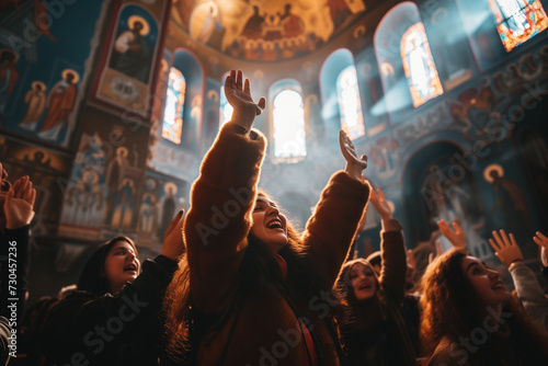 Christian Celebration in a Church, joyful Mass with a group of lively and happy Fototapet