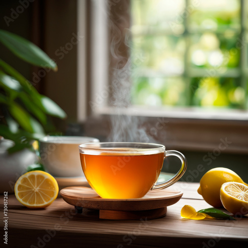 Steaming hot healthy green tea with lemon