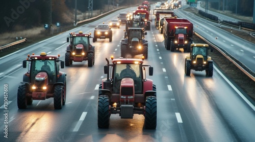 A convoy of tractors with activated lights participating in a rally on a busy urban road. © Juan