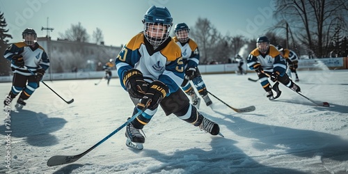 Wallpaper Mural Group of children playing hockey outdoors. Happy and healthy competition with young kids in their youth playing sports. Torontodigital.ca