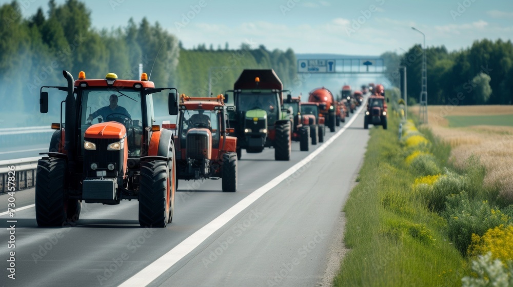A convoy of tractors with activated lights participating in a rally on a busy urban road.