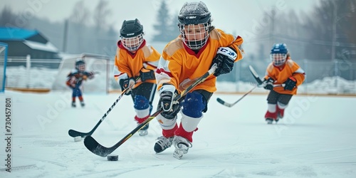 Wallpaper Mural Group of children playing hockey outdoors. Happy and healthy competition with young kids in their youth playing sports. Torontodigital.ca