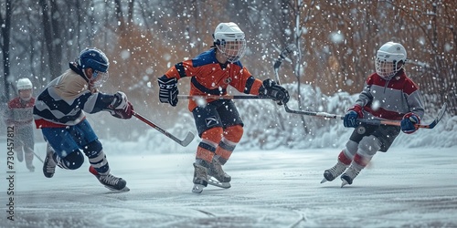 Wallpaper Mural Group of children playing hockey outdoors. Happy and healthy competition with young kids in their youth playing sports. Torontodigital.ca