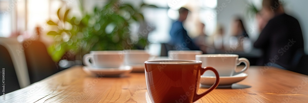 Mugs of coffee or tea in a business setting with executives in the blurred background for office concept Mugs of coffee or tea in a business setting with executives in the blurred background for office concept