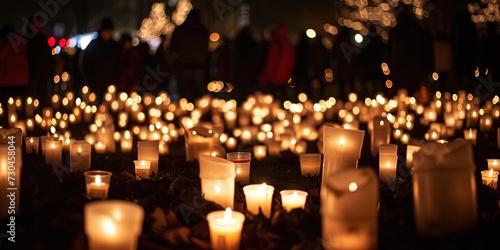 Candlelight vigil with women lighting candles to support and memorialize the recently deceased. Grieving society concept  photo