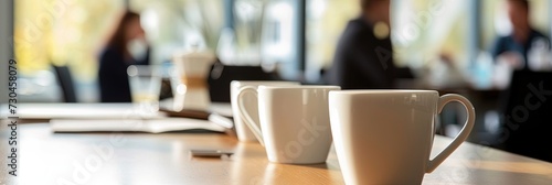 Mugs of coffee or tea in a business setting with executives in the blurred background for office concept photo
