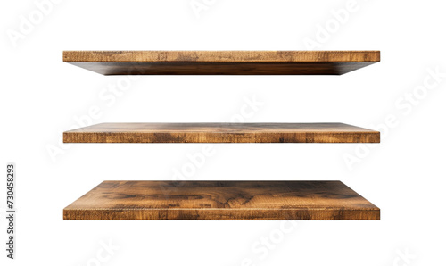 Minimalist floating wooden shelves on a clean white wall.