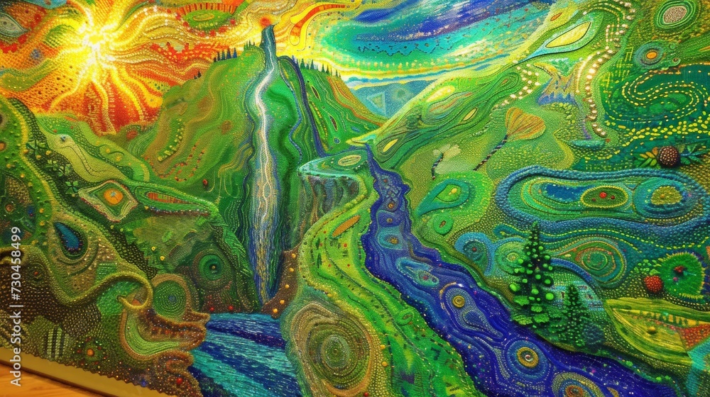 A painting of a colorful landscape with mountains and trees, AI