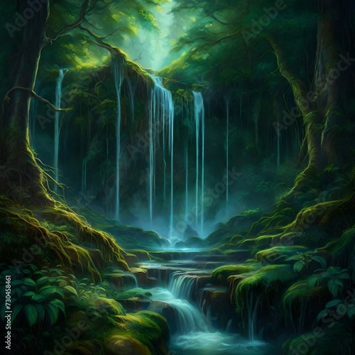 Waterfalls in a serene forest, mystical, fantasy, fairy tale, magical, generative AI 
