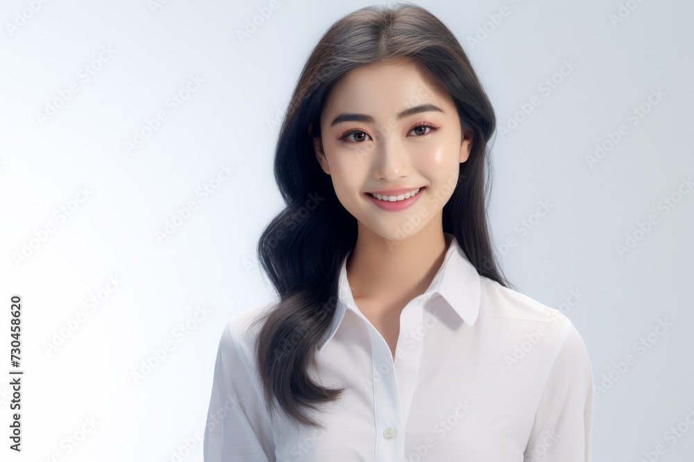 A hyper-realistic 3D model depicts a young, cute Asian businesswoman standing with a smile in an office attire against an isolated white background. Generative AI. A hyper-realistic 3D model depicts a young, cute Asian businesswoman standing with a smile in an office attire against an isolated white background. Generative AI.