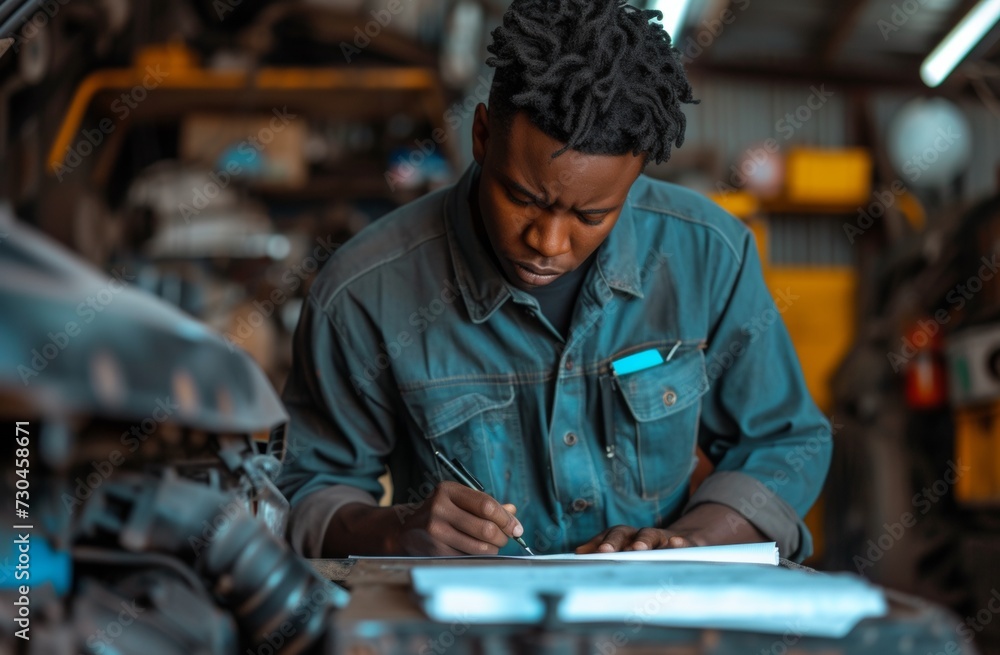 A serious mechanic in a blue work shirt diligently fills out paperwork among tools and machinery. A serious mechanic in a blue work shirt diligently fills out paperwork among tools and machinery.