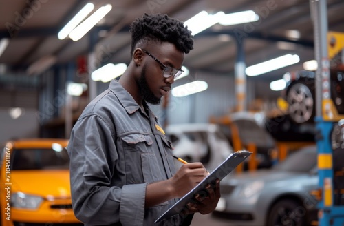 A focused auto mechanic in grey attire takes notes on a clipboard in a modern automotive repair shop.