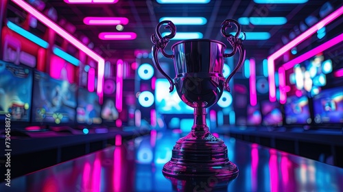 eSports trophy with rows of  computers and neon lights representing two competing rival teams © Brian