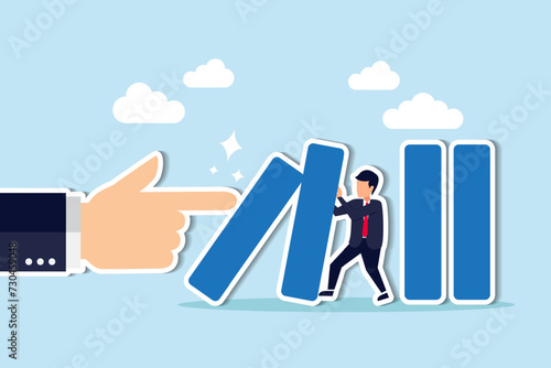 Risk management: mitigating danger, losses, crisis or accident damage; management and investment strategy; assessment level concept, businessman stop risk of domino effect from threats and disaster.