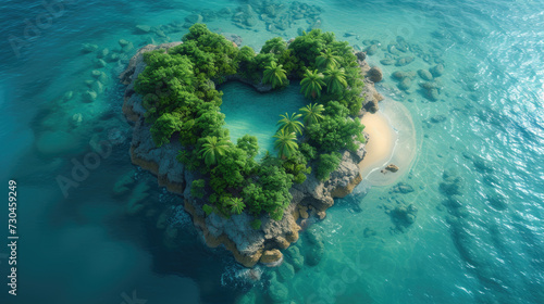 A breathtaking aerial view of an aqua-colored island, surrounded by a vibrant coral reef and abundant water resources, with trees arranged in the shape of a heart, showcasing the beauty of nature  © Tanja