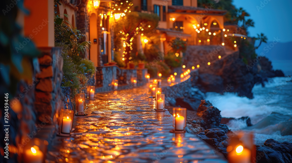seaside pathway lined with lit candles, leading down to the ocean. The pathway is surrounded by rocks and greenery, creating a serene and romantic atmosphere. 
