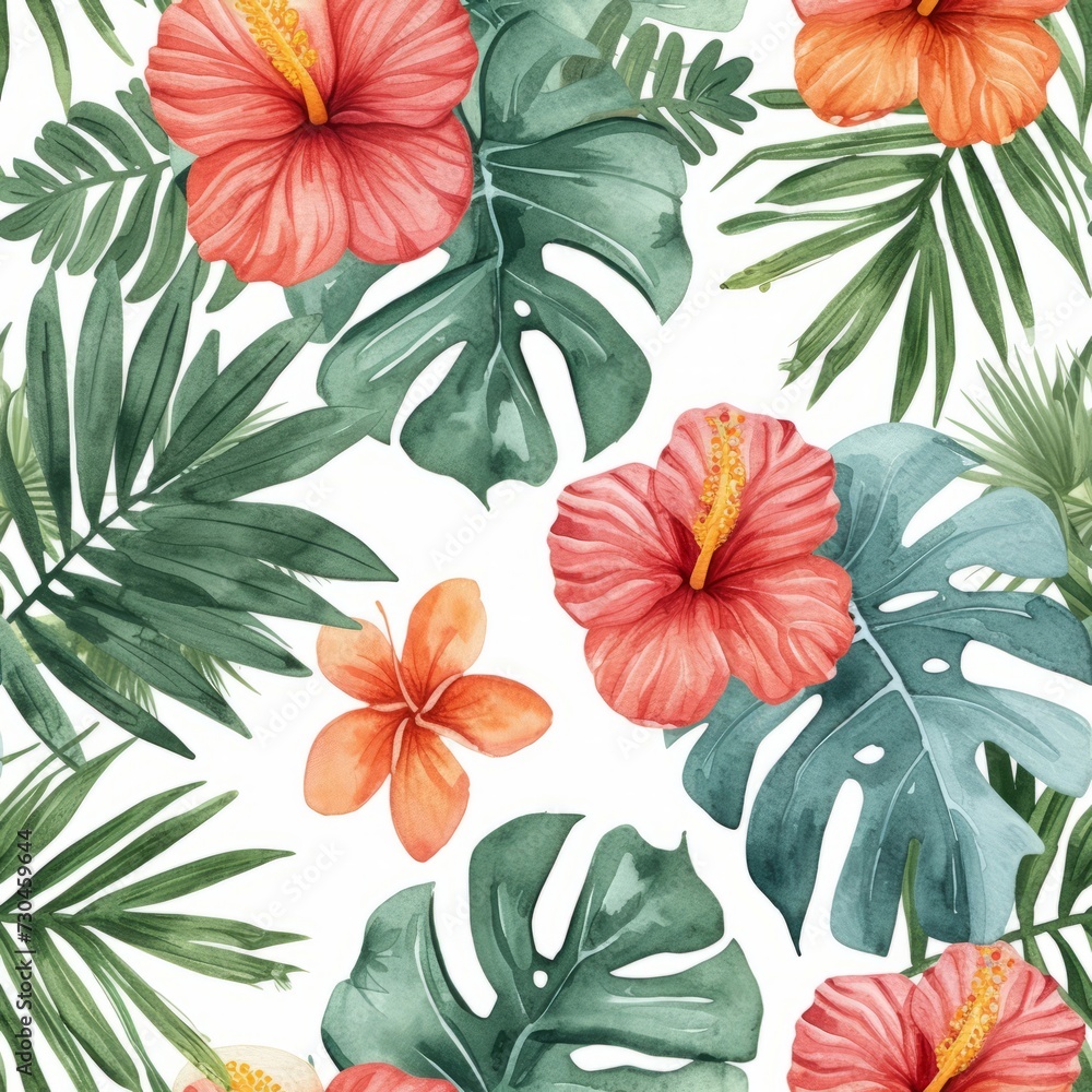 Fototapeta Tropical flowers, Palm leaves on white background, . Seamless patterns