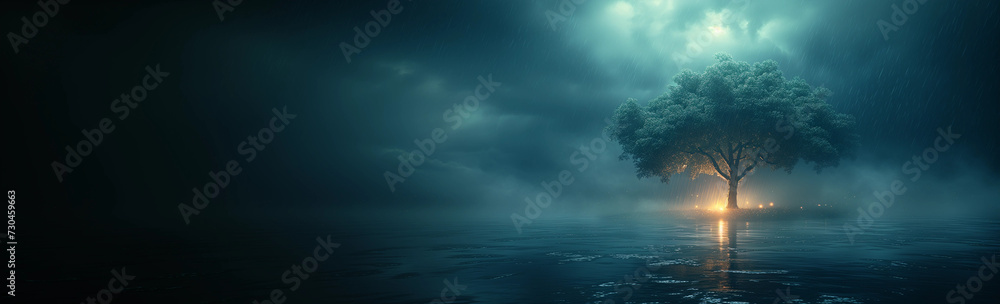 Enigmatic Tree Illuminated by Ethereal Light in Misty Waterscape  /Symbol for Climate Change