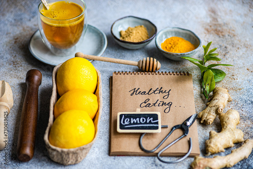 Healthy Eating Concept with Lemons and Ginger photo