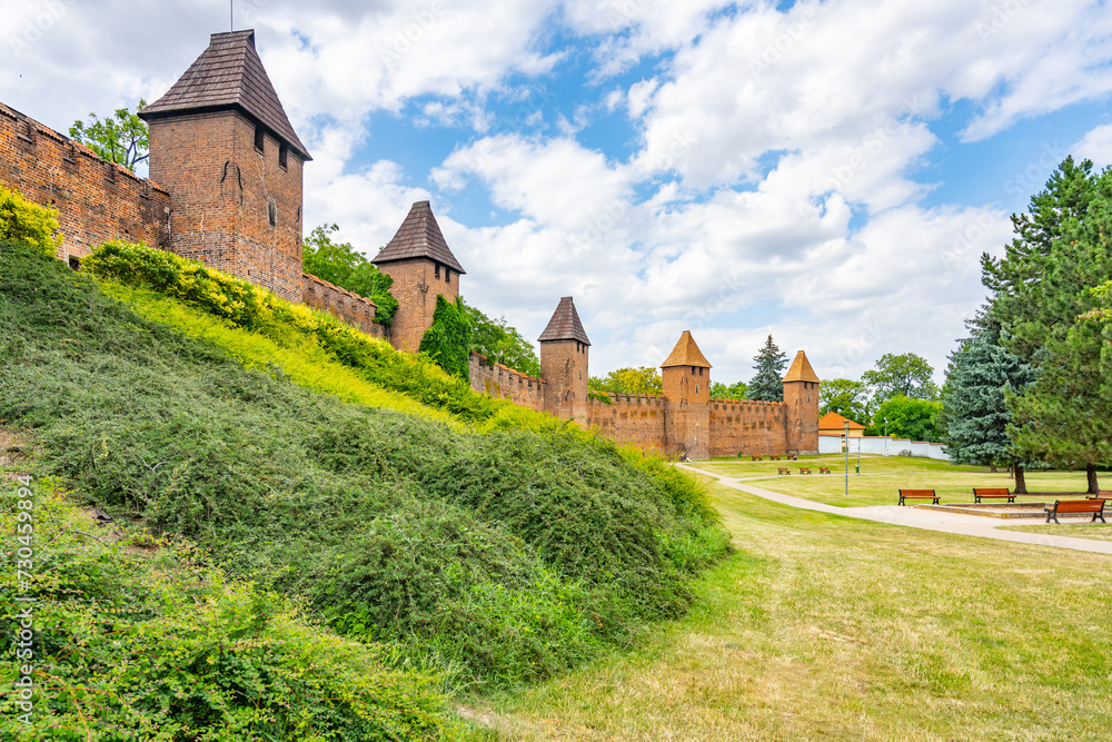 Gothic medieval fortification walls with towers in Nymburk, Czechia