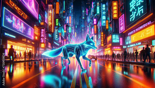 Neon wireframe fox on a vibrant cyberpunk city street with glowing billboards and reflective wet ground.