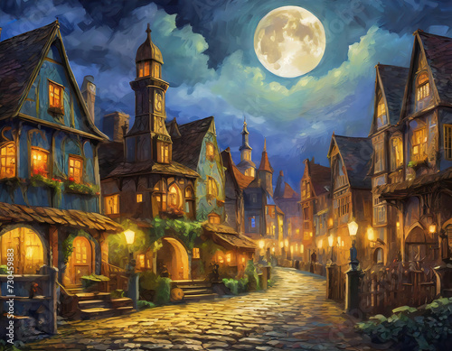 Dreamlike view of a medieval rich town with moonlight detailed baroque painting at night time photo