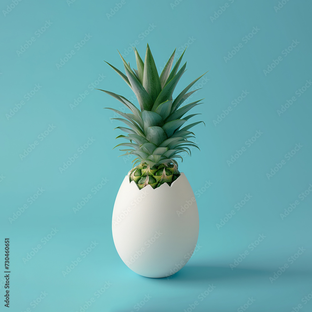 White egg with pineapple leaves on blue pastel background. Abstract, minimal Easter concept. White egg with pineapple leaves on blue pastel background. Abstract, minimal Easter concept.