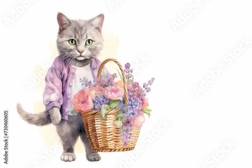 Cat with a basket of flowers. Watercolor © Cat business
