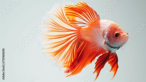 Clean, minimalist portrait of a fish influencer, vibrant colors against a pure white background, focusing on the sleek movement and grace