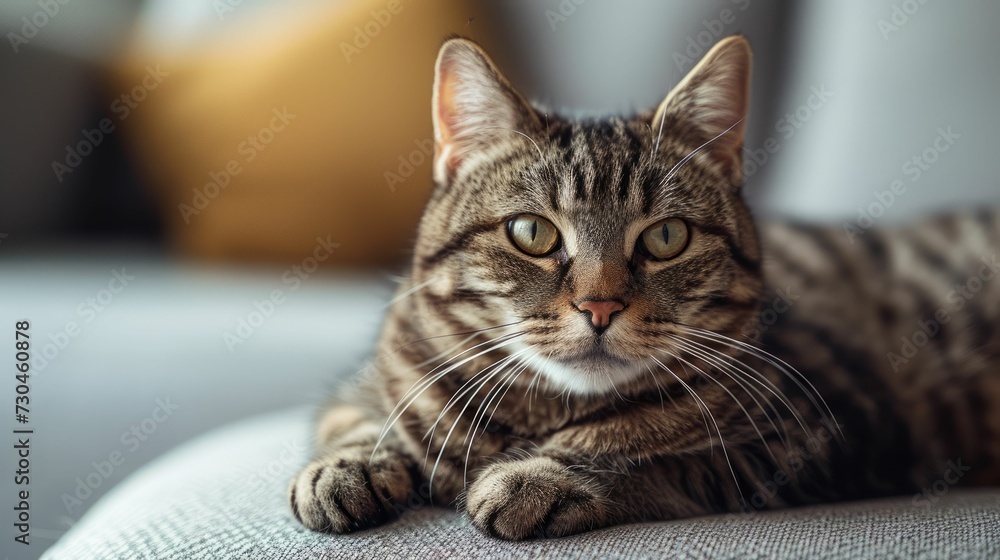 Sleek, minimalistic shot of a cat influencer, lounging elegantly, with a focus on its piercing gaze, against a clean, uncluttered background